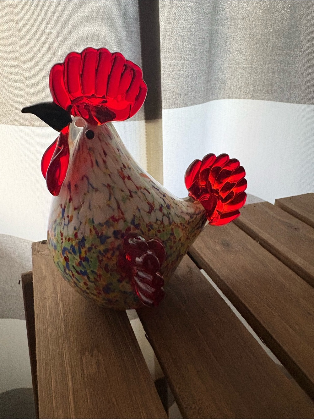 Hand-Blown Multicolor Glass Rooster with Red Accents